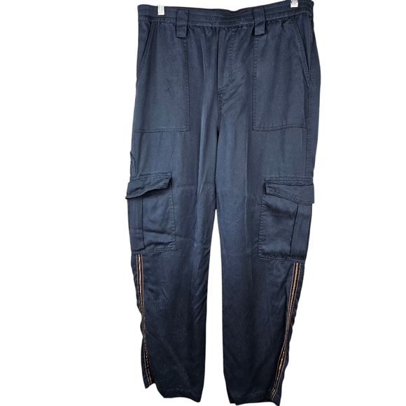 Johnny Was Women's Cargo Casual Lounge Slate Blue Pants‎ Stripe Sides Size Large
